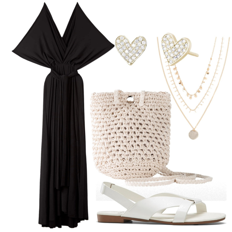 Outfit donna - Maniche a farfalla. Stile Chic per Serata fuori. Abbinamento con sandali, collane, borse a tracolla, vestiti lunghi, orecchini.