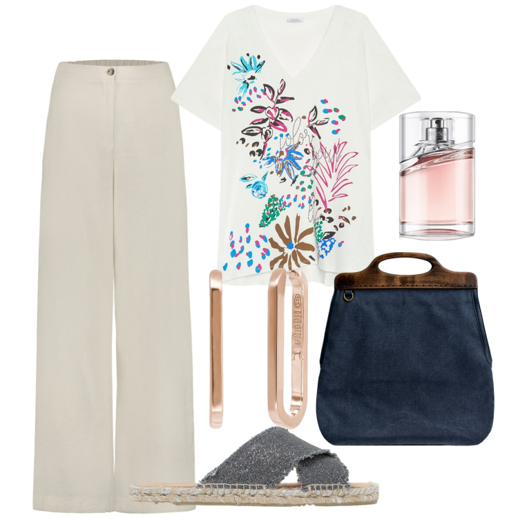 Outfit donna - Chiarissima. Stile Bon Ton per Tutti i giorni. Abbinamento con profumi, orecchini, borse a tracolla, t-shirt, pantaloni, sandali.