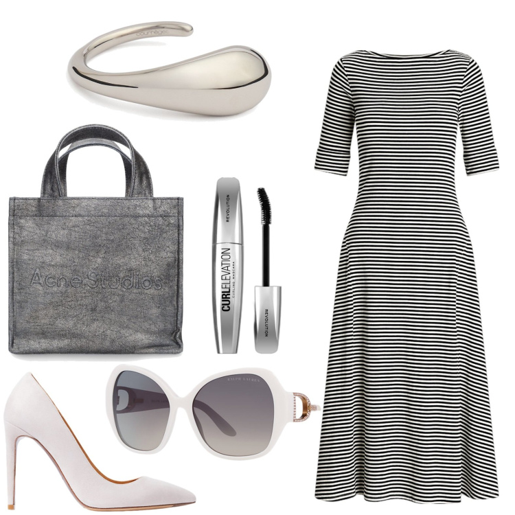 Outfit donna - Le righe che passione. Stile Basic per Tutti i giorni. look ideale per Petite. Abbinamento con mascara, occhiali da sole, vestiti, décolleté, shopping bag, braccialetti.