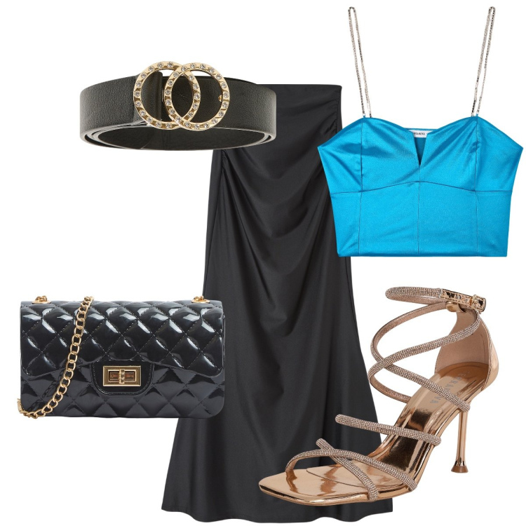 Outfit donna - Party time. Stile Glamour per Serata fuori. Abbinamento con gonne lunghe, sandali col tacco, borse a tracolla, top, cinture.