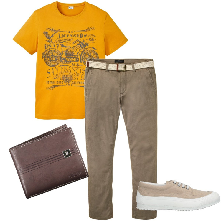 Outfit uomo - Le Hogan in sconto. Stile Urban per Ufficio. Abbinamento con pantaloni chino, t-shirt, sneakers, portafogli.