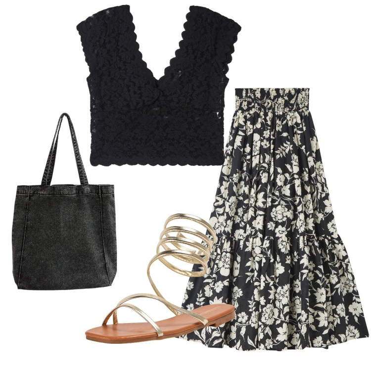 Outfit donna - Pronte per i saldi. Stile Romantica per Tutti i giorni. Abbinamento con gonne lunghe, t-shirt, shopping bag, sandali.
