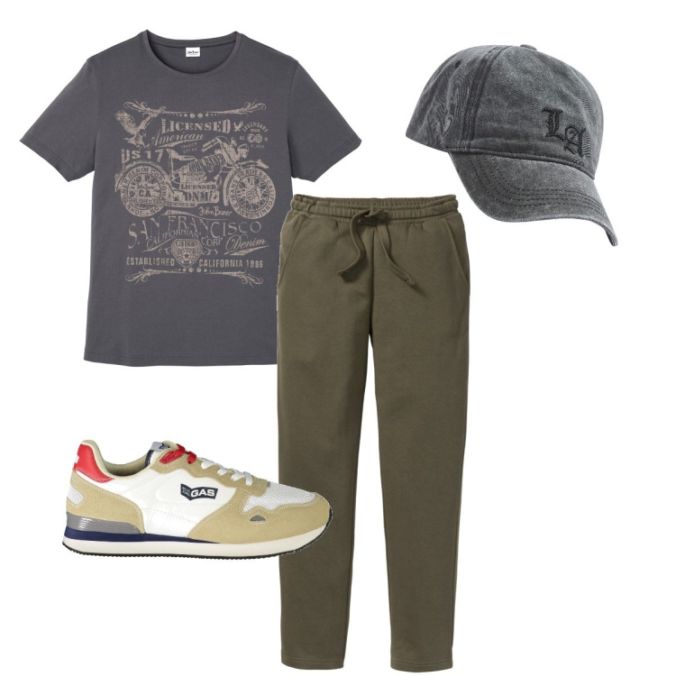 Outfit uomo - Con il mio 4 zampe. Stile Casual per Tutti i giorni. Abbinamento con t-shirt, pantaloni, cappelli, sneakers.