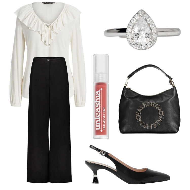 Outfit donna - Ufficio. Stile Chic per Ufficio. Abbinamento con rossetti, anelli, bluse, pantaloni, borse a spalla, scarpe col tacco.