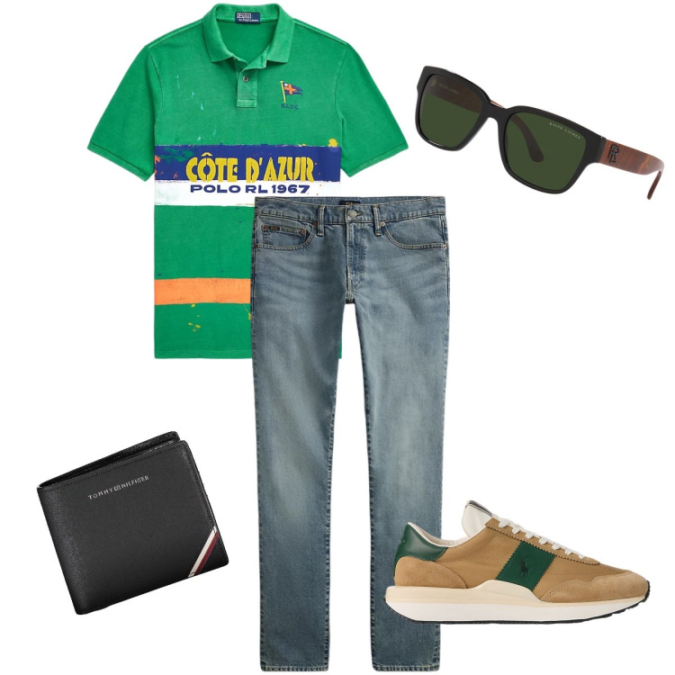 Outfit uomo - Côte d’Azur. Stile Urban per Serata speciale. Abbinamento con jeans, occhiali da sole, sneakers, polo, portafogli.