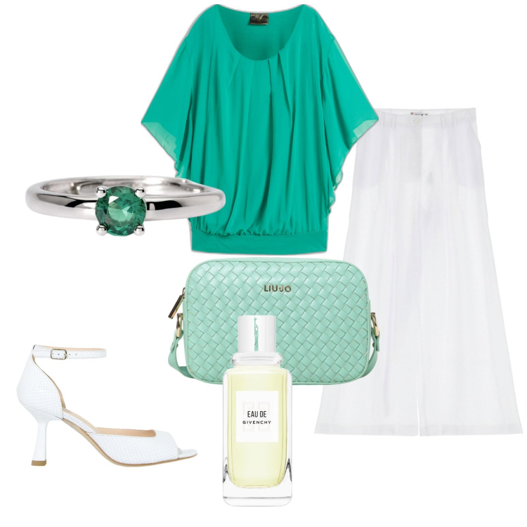 Outfit donna - IsaBella. Stile Chic per Serata fuori. Abbinamento con bluse, profumi, anelli, décolleté, pantaloni a palazzo, borse a tracolla.