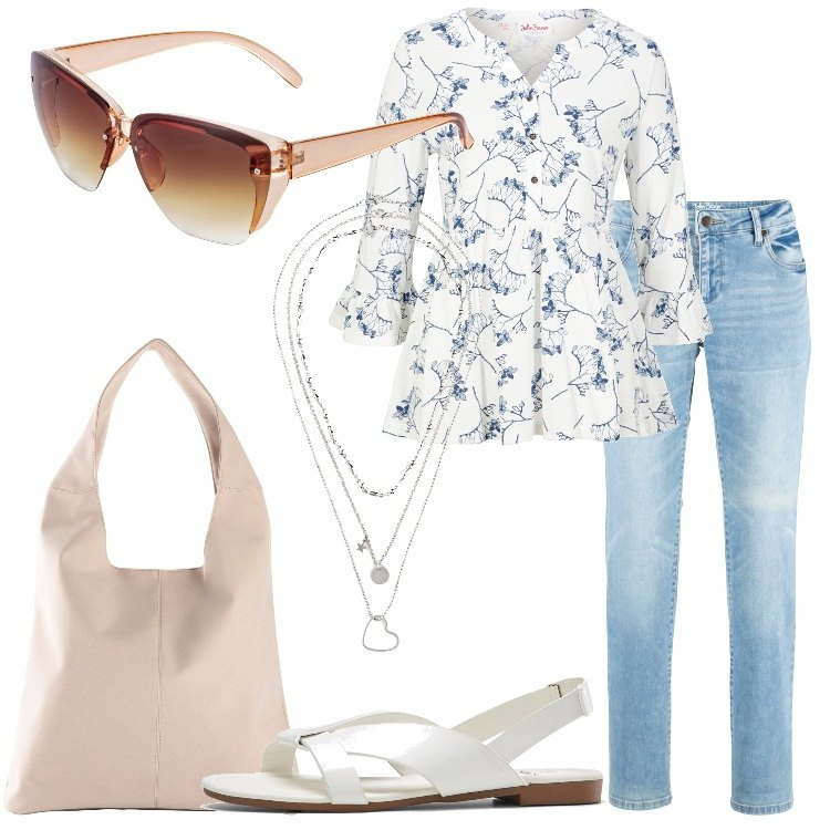 Outfit donna - Summer Essentials Bonprix. Stile Basic per Tutti i giorni. Abbinamento con maglieria, jeans dritti, sandali, collane, occhiali da sole, shopping bag.