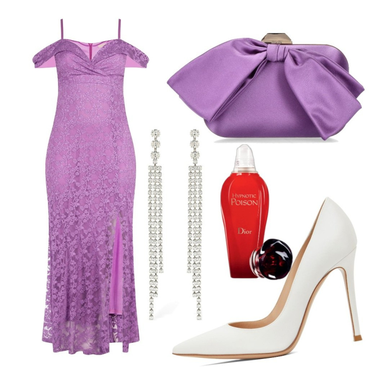 Outfit donna - L\'eleganza del viola. Stile Bon Ton per Cerimonia. Abbinamento con profumi, vestiti lunghi, orecchini, pochette, décolleté.
