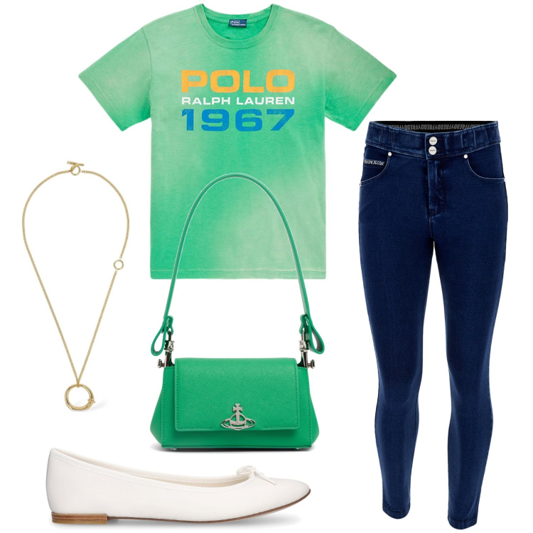 Outfit donna - La polo sportiva. Stile Basic per Tutti i giorni. look ideale per Petite. Abbinamento con jeans skinny, t-shirt, ballerine, borse a spalla, collane.