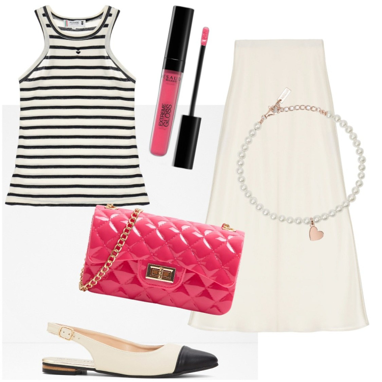 Outfit donna - Paris. Stile Bon Ton per Tutti i giorni. Abbinamento con ballerine, gloss, borse a tracolla, braccialetti, top, gonne longuette.