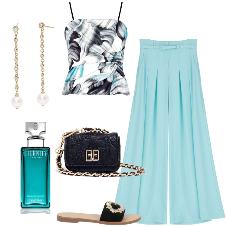 Outfit donna - In piazzetta a Capri. Stile Chic per Serata fuori. Abbinamento con sandali in pelle, profumi, orecchini, top, marsupi, pantaloni a palazzo.