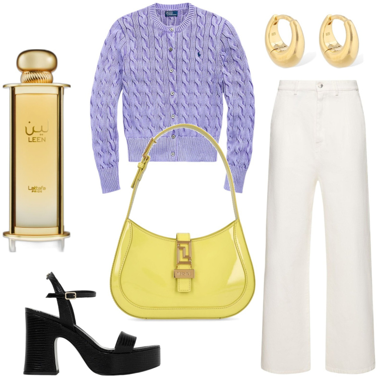 Outfit donna - Disinvolta con i sandali neri. Stile Basic per Tutti i giorni. look ideale per Petite. Abbinamento con profumi, cardigans, borse a spalla, sandali col tacco, pantaloni, orecchini.