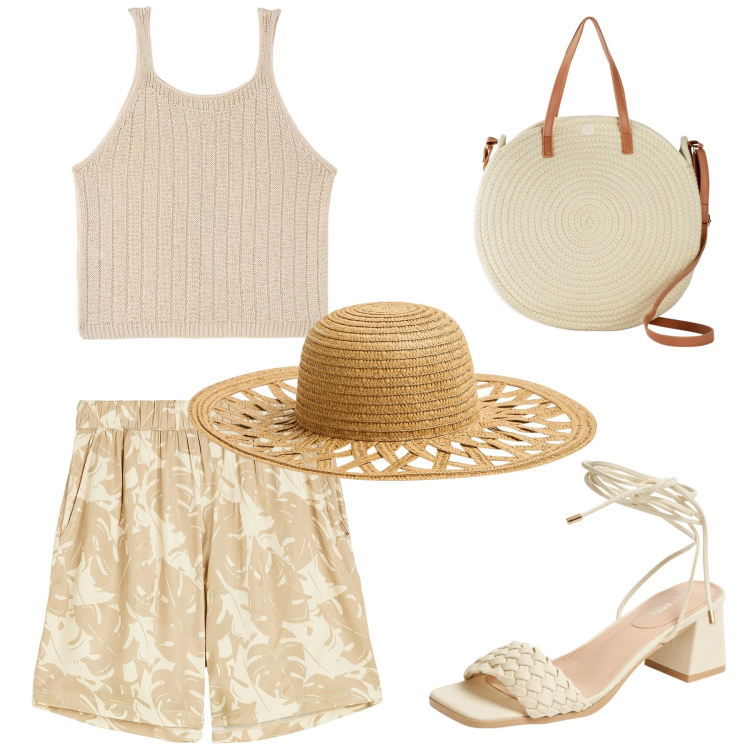 Outfit donna - Nel Cilento. Stile Basic per Mare. Abbinamento con borse a tracolla, top, cappelli, sandali alla schiava, pantaloni.