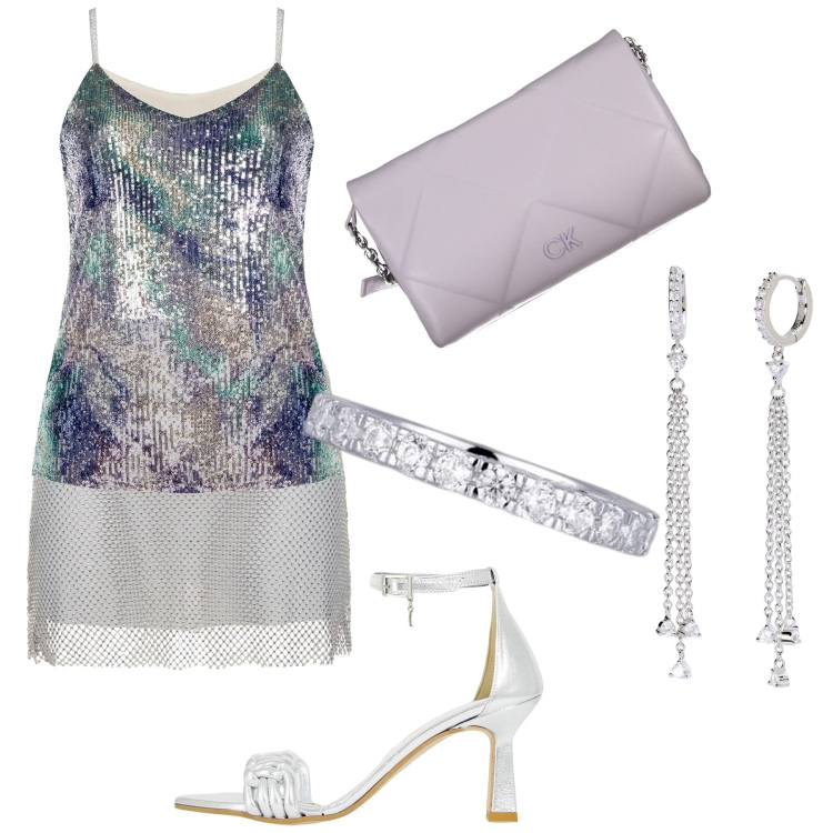 Outfit donna - Disco girl. Stile Glamour per Serata fuori. Abbinamento con top, anelli, orecchini, décolleté, minigonne, borse a tracolla.
