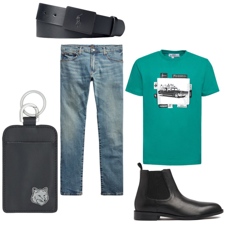 Outfit uomo - Total look #1926171. Stile Casual per Tutti i giorni. Abbinamento con jeans, cinture, t-shirt, portafogli, stivali e stivaletti.