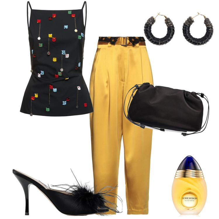 Outfit donna - Cena fronte mare. Stile Chic per Serata fuori. Abbinamento con pantaloni, profumi, top, sandali col tacco, pochette, orecchini.