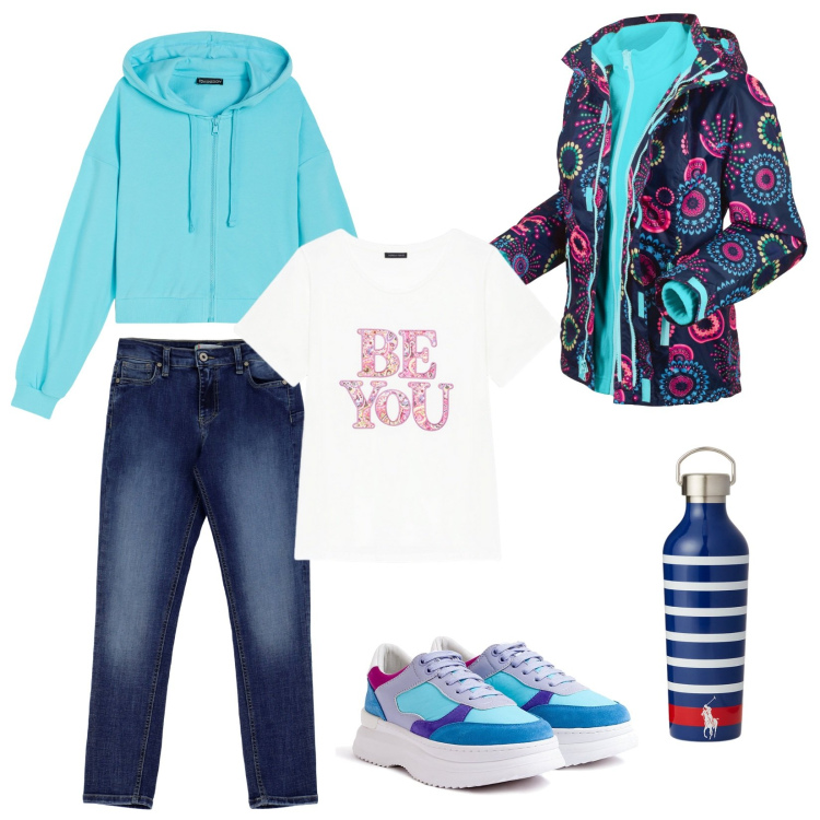 Outfit donna - Ad Alleghe - Summer holiday contest. Stile Basic per Tutti i giorni. Abbinamento con blazer, jeans skinny, sneakers, felpe con cappuccio, anelli, t-shirt.