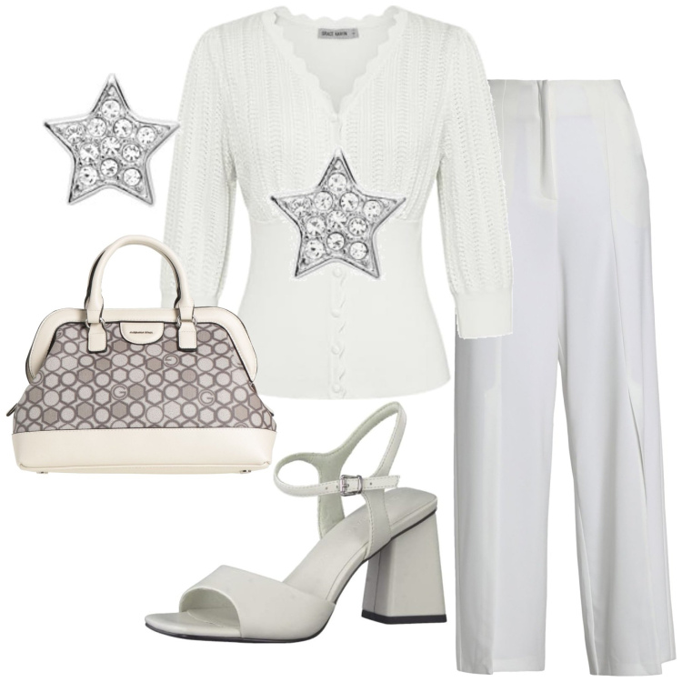 Outfit femme - Juillet : soirée blanche. Style Bon Ton pour Soirée dehors. Assortir avec pantalon , gilets, sandales à talon, sacs à main, boucles d'oreilles.