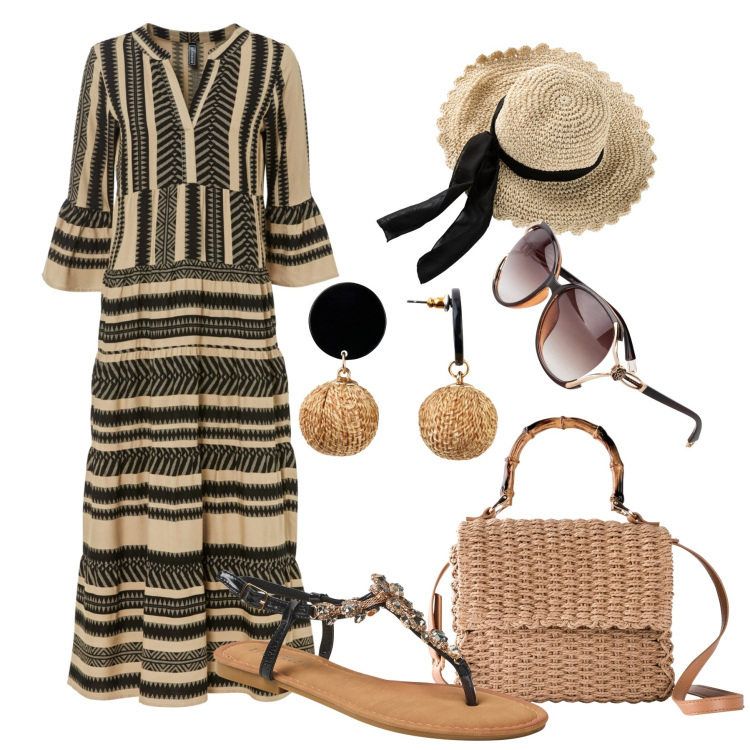 Outfit donna - Visitando i borghi della Toscana. Stile Boho per Tutti i giorni. Abbinamento con orecchini, cappelli, occhiali da sole, vestiti lunghi, borse a mano, sandali gioiello.