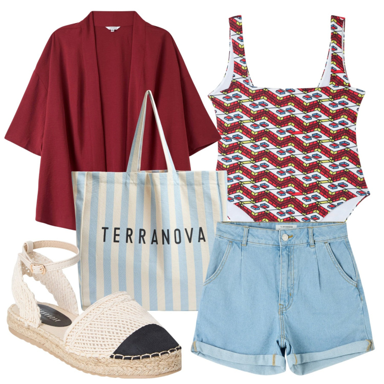 Outfit donna - Summer look #17. Stile Casual chic per Tutti i giorni. Abbinamento con costumi interi, kimono, shorts, espadrillas, borse tote.