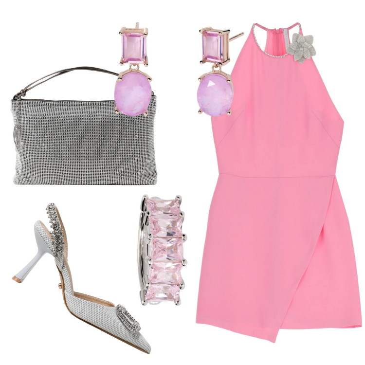 Outfit donna - Serata disco. Stile Glamour per Serata fuori. Abbinamento con anelli, orecchini, vestiti corti, scarpe col tacco, borse a spalla.