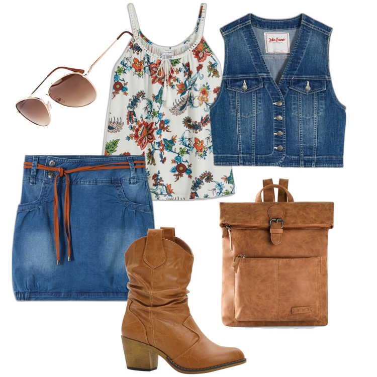 Outfit donna - Cow girl estiva !. Stile Casual per Tutti i giorni. Abbinamento con minigonne, top, stivaletti texani, gilet, zaini, occhiali da sole.