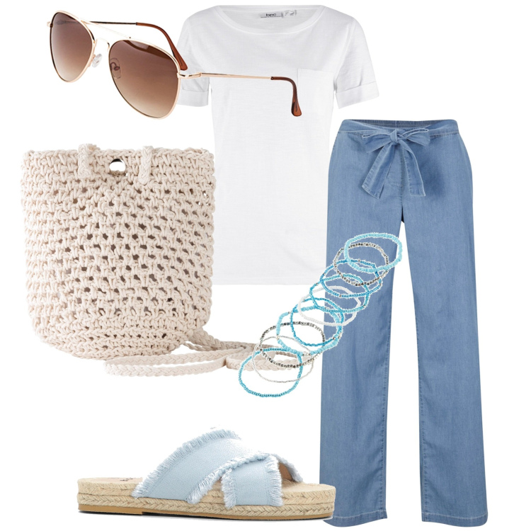 Outfit donna - Essentials. Stile Minimal per Tutti i giorni. Abbinamento con t-shirt, occhiali da sole, pantaloni, borse a tracolla, ciabatte, braccialetti.