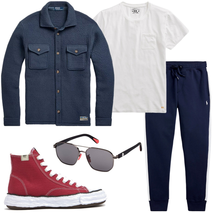 Outfit uomo - Urban style - giacca blu. Stile Urban per Tutti i giorni. Abbinamento con t-shirt, pantaloni, giacche, occhiali da sole, sneakers.