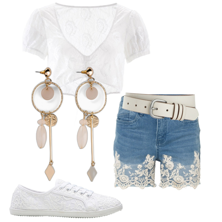 Outfit donna - Essentials. Stile Casual chic per Serata fuori. Abbinamento con camicie, sneakers, orecchini, shorts, cinture.
