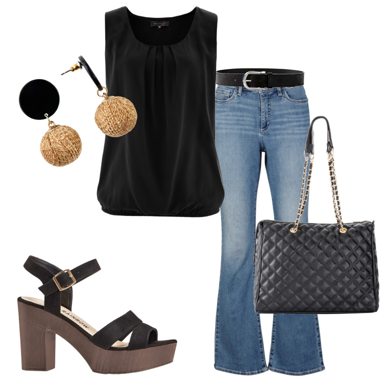 Outfit donna - Essentials. Stile Casual chic per Serata fuori. Abbinamento con shopping bag, top, cinture, orecchini, jeans bootcut, sandali col tacco.