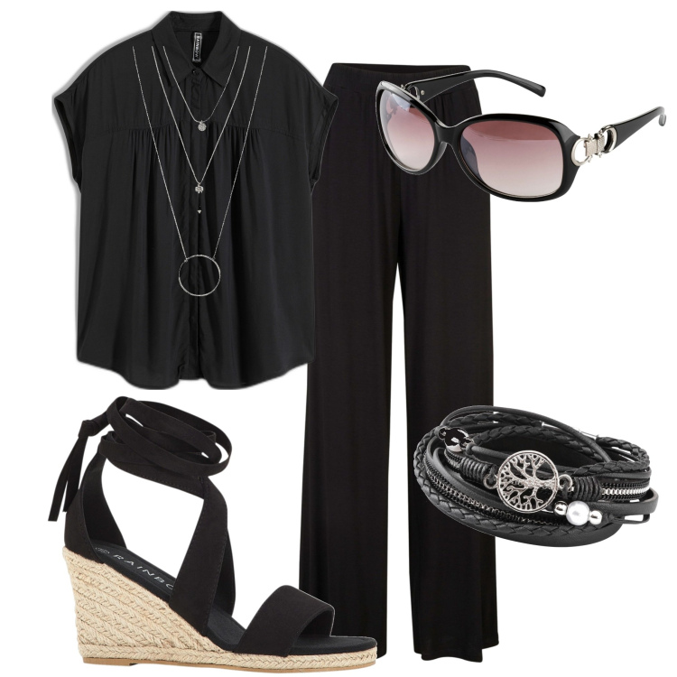 Outfit donna - Essentials. Stile Minimal per Serata fuori. Abbinamento con pantaloni, camicie a manica corta, braccialetti, ciondoli, sandali, occhiali da sole.