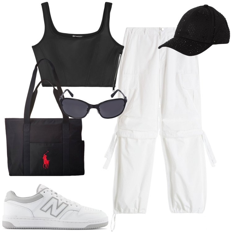 Outfit donna - Total look #1926244. Stile Sporty chic per Tutti i giorni. Abbinamento con sneakers, pantaloni cargo, top, borse tote, cappelli, occhiali da sole.
