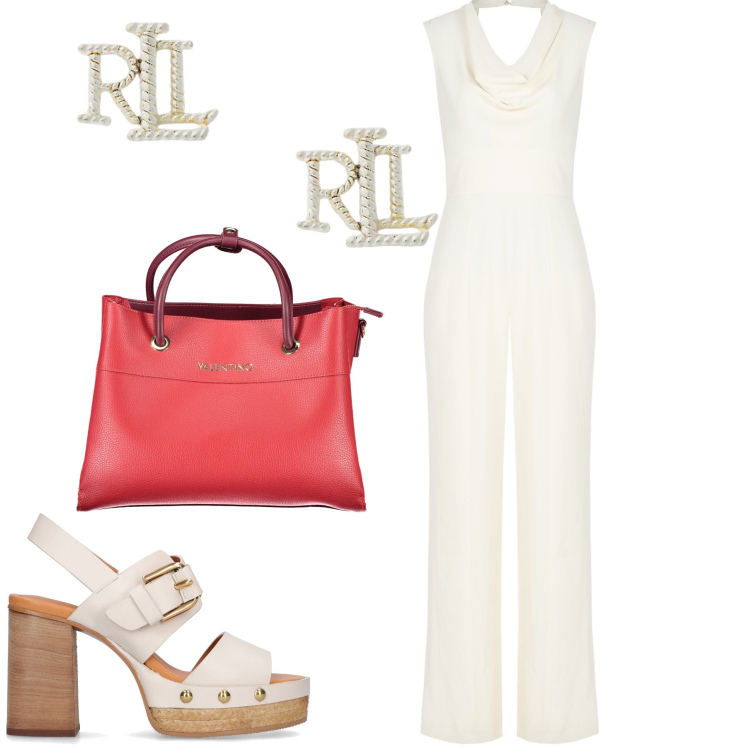 Outfit donna - La borsa che spicca. Stile Glamour per Ufficio. Abbinamento con tute, orecchini, collane, sandali in pelle.