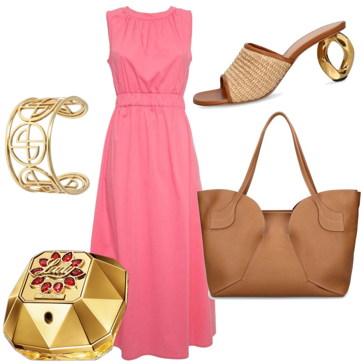 Outfit donna - Il sabot particolare. Stile Glamour per Ufficio. Abbinamento con profumi, vestiti lunghi, braccialetti, shopping bag, sandali in pelle.