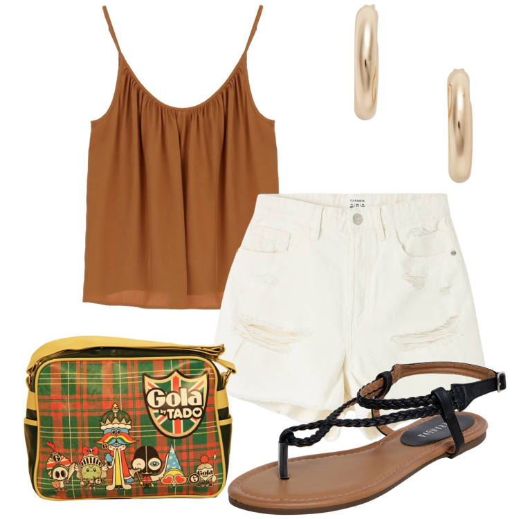 Outfit donna - Luglio in libertà. Stile Casual chic per Tutti i giorni. Abbinamento con shorts, ciabatte, top, orecchini, borse a spalla.