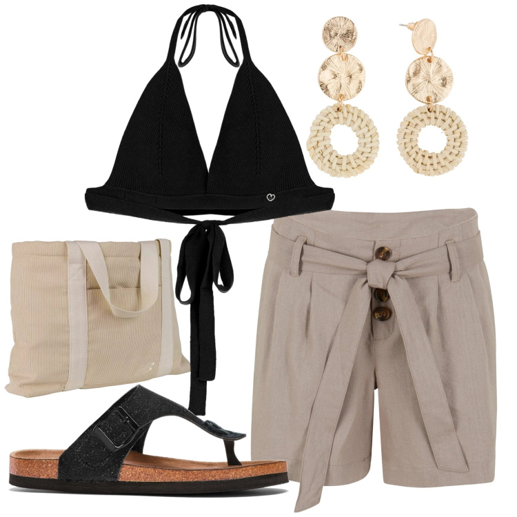 Outfit donna - Total look #1926280. Abbinamento con infradito, orecchini, shorts, shopping bag, top.