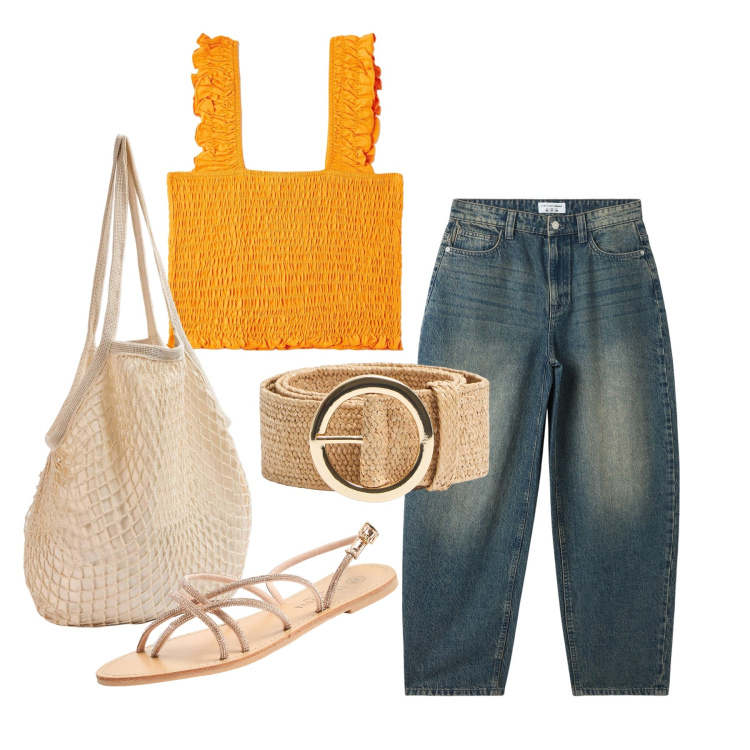 Outfit donna - Ghost outfitter - luglio. Stile Casual per Tutti i giorni. Abbinamento con top, jeans, borse a spalla, cinture, sandali.
