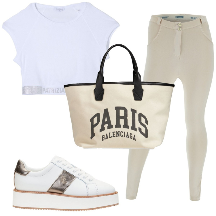 Outfit donna - Total look #1926293. Stile Trendy per Sport. Abbinamento con pantaloni skinny, sneakers, shopping bag, top.