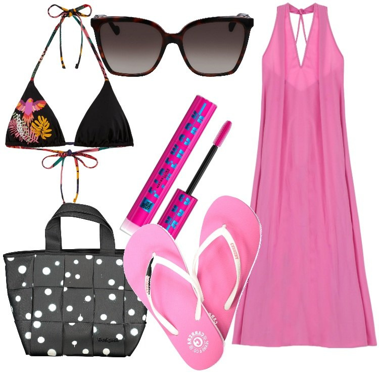 Outfit donna - Summer holiday Mare. Stile Basic per Mare. Abbinamento con mascara, vestiti lunghi, bikini, occhiali da sole, infradito, borse a spalla.