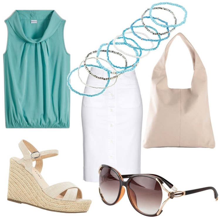 Outfit donna - La gonna in jeans bianca. Stile Casual per Tutti i giorni. Abbinamento con occhiali da sole, braccialetti, top, gonne, shopping bag, sandali.