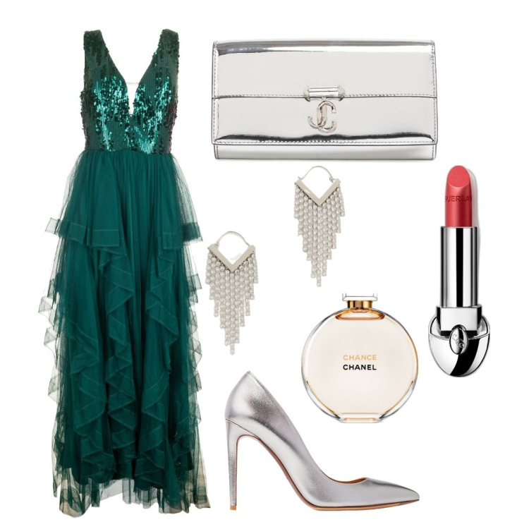 Outfit donna - Team Sposa. Stile Chic per Cerimonia. Abbinamento con profumi, rossetti, vestiti lunghi, décolleté, pochette, orecchini.