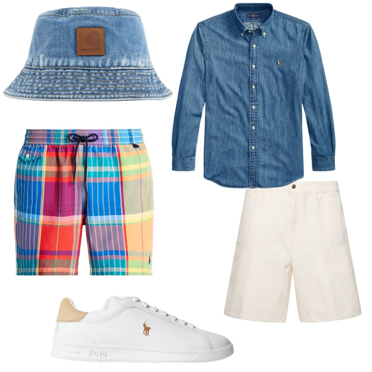 Outfit uomo - Cappello e via. Stile Trendy per Mare. Abbinamento con sneakers, camicie, costumi, shorts, cappelli.