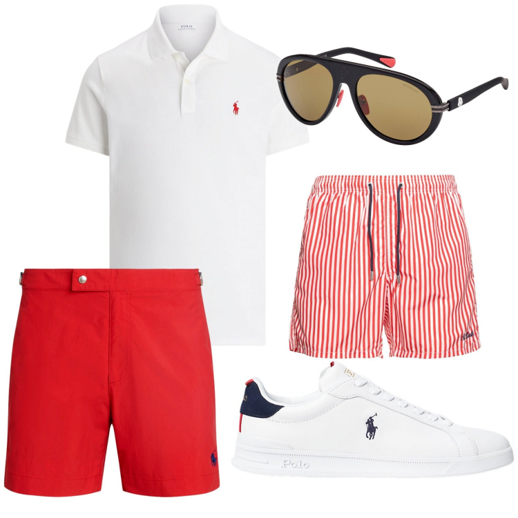 Outfit uomo - Total look #1926350. Stile Trendy per Mare. Abbinamento con sneakers, costumi, polo, occhiali da sole, shorts.