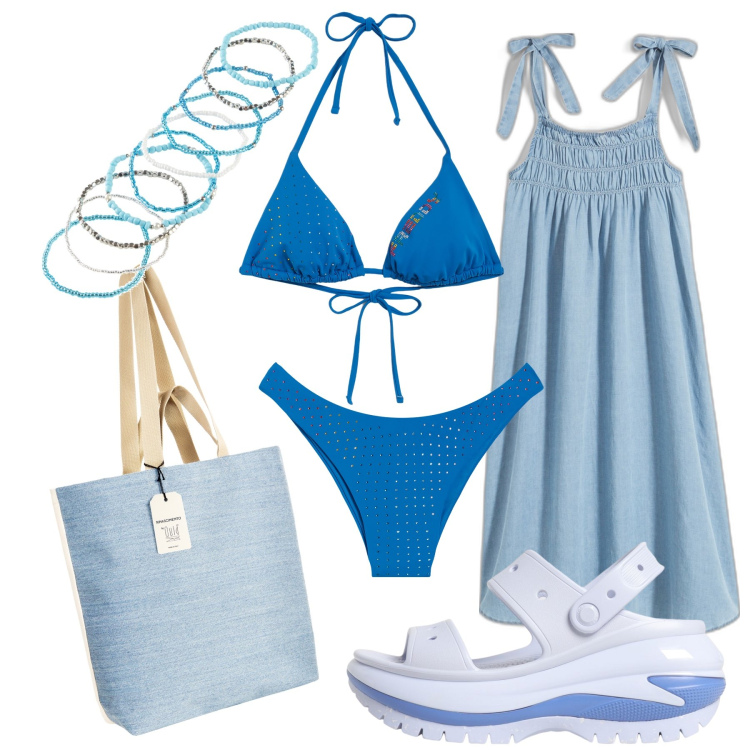 Outfit donna - Total look #1926352. Stile Glamour per Mare. Abbinamento con braccialetti, vestiti midi/longuette, borse tote, bikini, bikini, sandali.