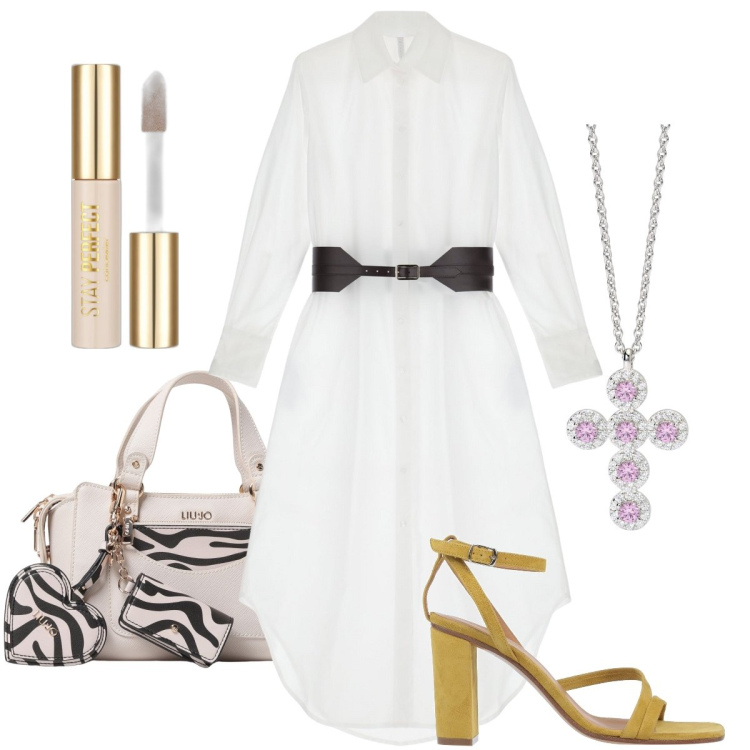 Outfit donna - Il chemisier bianco. Stile Bon Ton per Serata fuori. Abbinamento con sandali in pelle, correttori, ciondoli, vestiti chemisier, borse a mano.