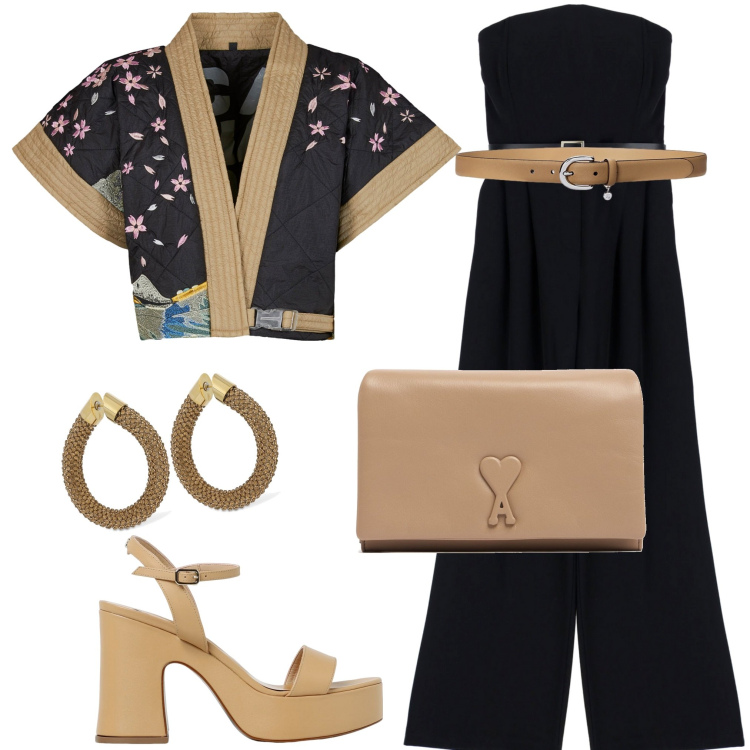Outfit donna - Festa di compleanno. Stile Chic per Serata fuori. Abbinamento con tute, cinture, kimono, sandali col tacco, orecchini, pochette.