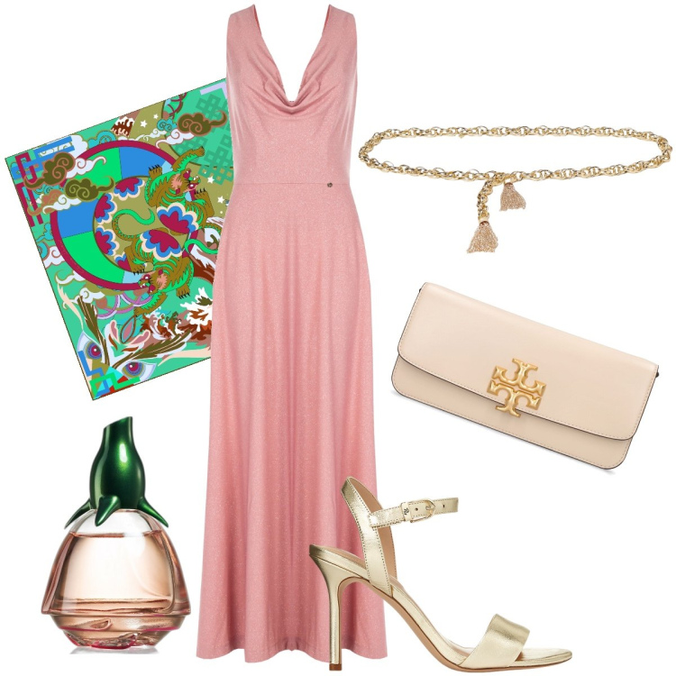 Outfit donna - Rosa antico lurex. Stile Chic per Cerimonia. Abbinamento con profumi, vestiti lunghi, sandali in pelle, collane, pochette, foulard.