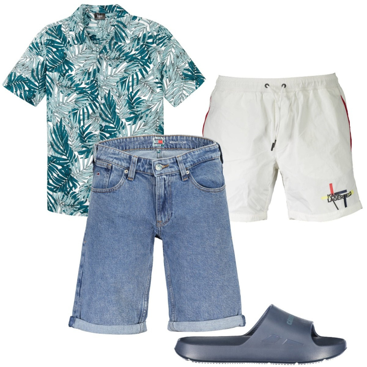 Outfit uomo - La camicia jungle. Stile Casual per Mare. Abbinamento con camicie a manica corta, jeans, costumi, sandali.