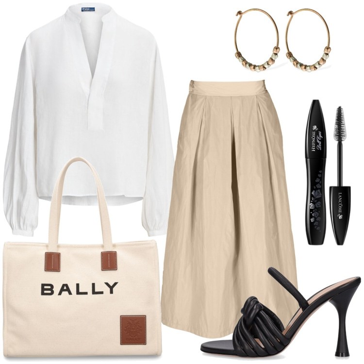 Outfit donna - Street style - la gonna lunga. Stile Basic per Tutti i giorni. look ideale per Petite. Abbinamento con mascara, camicie, sandali in pelle, orecchini, gonne, shopping bag.
