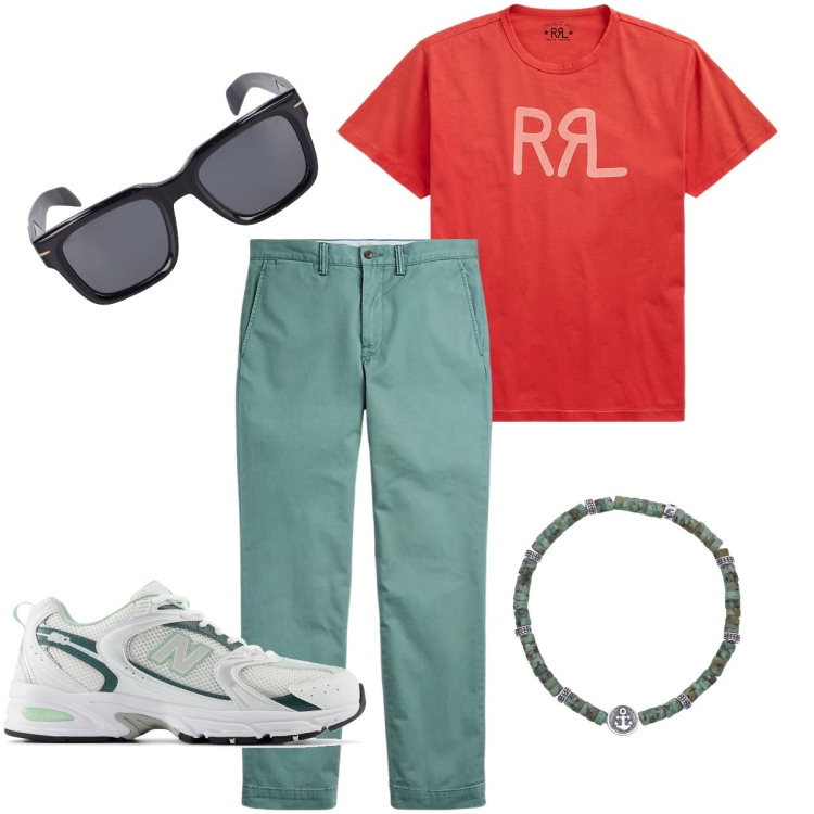Outfit uomo - I pantaloni verde salvia. Stile Casual per Ufficio. Abbinamento con braccialetti, sneakers, pantaloni, t-shirt, occhiali da sole.